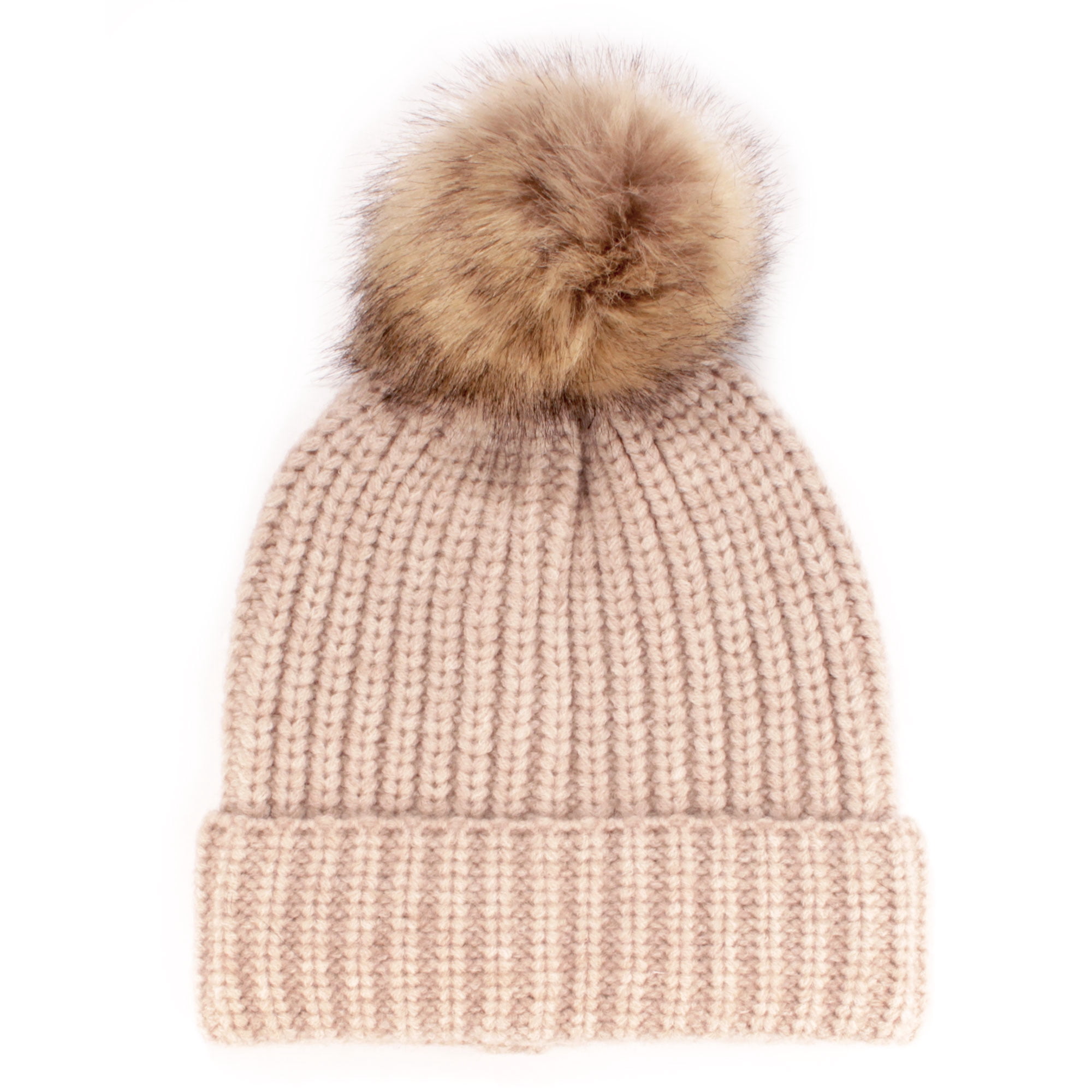 Women’s Chunky Knit Beanie Hat Rabbit Fur Pom Pom Beige Winter Ski Cozy Women main image 2