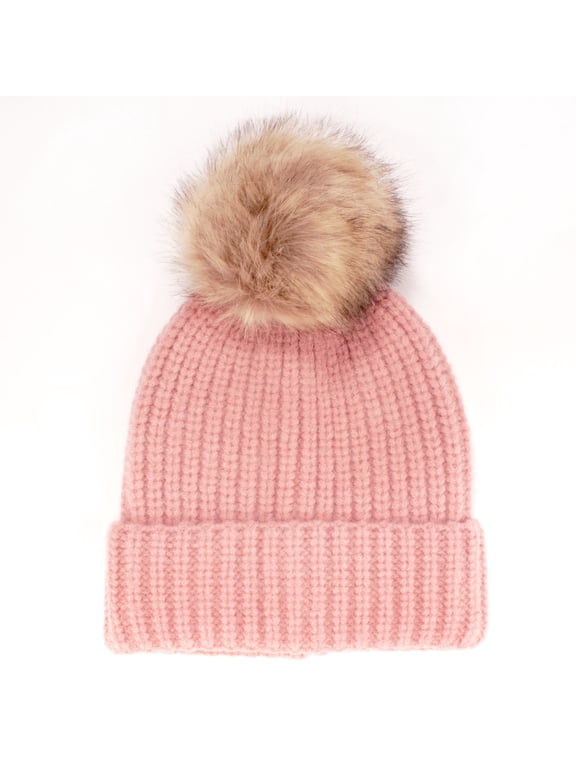 Women's Winter Knitted Pom Pom Slouchy Chunky Warm Fuzzy Beanie, Pink