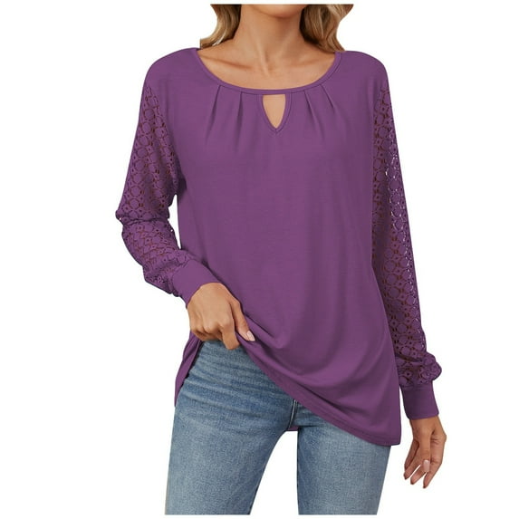 Women's Winter Lace Patchwork Long Sleeve T-Shirt Solid Color Loose Fit Comfortable Casual Top Fashion Blouse
