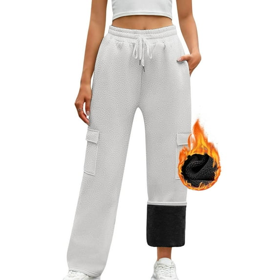 Women's Winter Lined Casual Joggers Thermal Trousers with Cargo Pocket Comfort Fit Elastic High Waisted Straight Leg Pull On Trousers