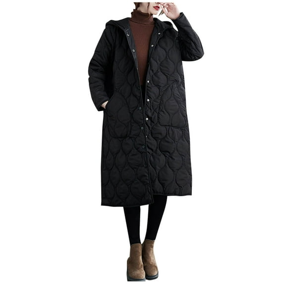 Women's Winter Long Parka Coat Ribbed Knit Cotton Jacket Long Sleeve Loose Hooded Long Coats Outerwear Wwith Pockets (L, Black)