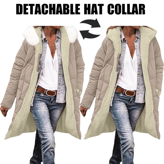 Women's Winter Long Sleeve Quilted Jacket - Long Hooded Coat with Pockets & Detachable Hat Collar, Warm Casual Outerwear for Daily Cold Weather Use Khaki XL