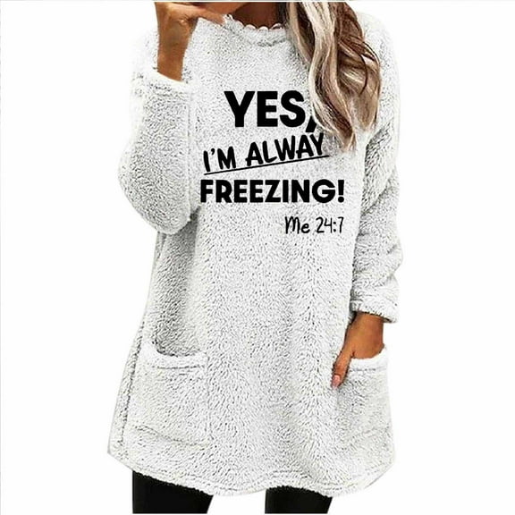 Women's Winter Long Sleeve Shirts Fleece Thermal Crewneck Letter Printed Thick Casual Loose Pullover Tops with Pockets (3XL, White)