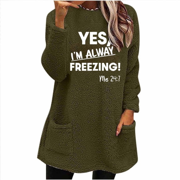 Women's Winter Long Sleeve Shirts Fleece Thermal Crewneck Letter Printed Thick Casual Loose Pullover Tops with Pockets (M, Army Green)