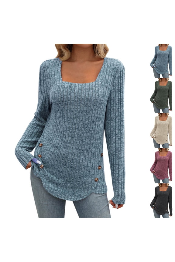 Women's Winter Long Sleeve Square Neck Comfy Solid Tops Blouses Shirts, Regular Fit Warm Thermal Casual Fashion Tunic | CSEONE,Purple L