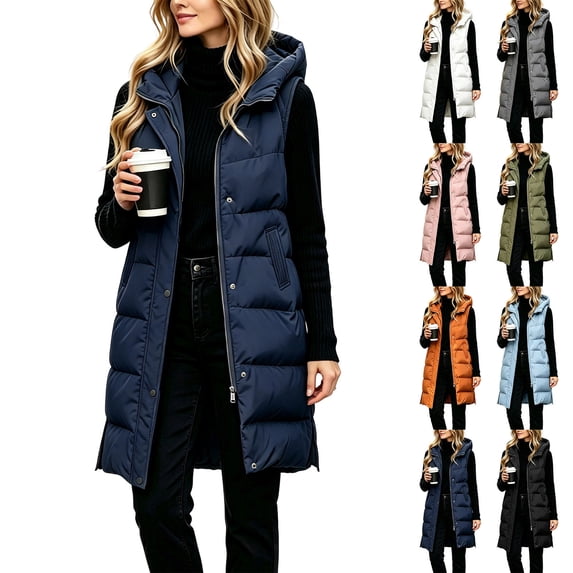 Women's Winter Long Vest 2026 Lightweight Puffer Vest Plus Size Sleeveless down Casual Zip up Hooded Quilted Jackets Solid Vacation Outerwears with Pockets