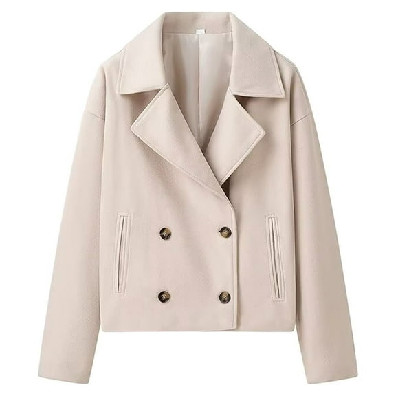 Women's Winter Loose Fit Cropped Wool Coat Double Breasted Dressy Short Blazer Jacket Peacoat Cream White S
