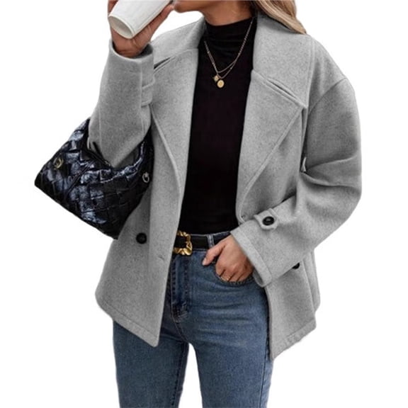 Women's Winter Loose Fit Cropped Wool Coat Double Breasted Dressy Short Blazer Jacket Peacoat Light Gray L