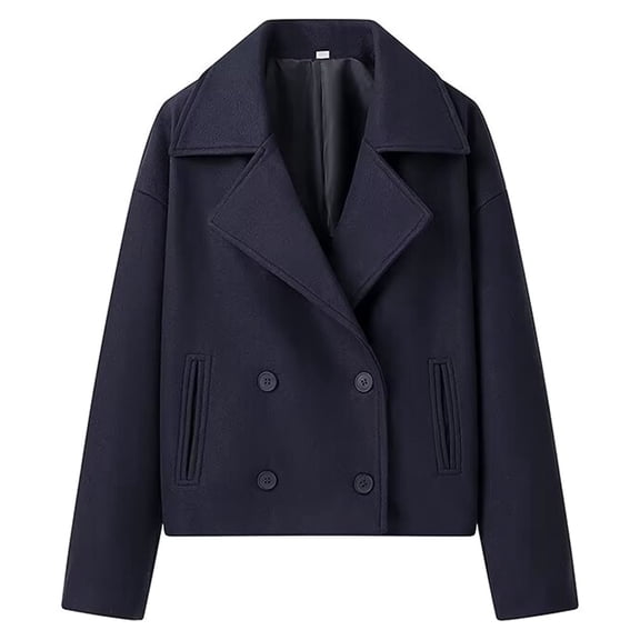 Women's Winter Loose Fit Cropped Wool Coat Double Breasted Dressy Short Blazer Jacket Peacoat Navy Blue S