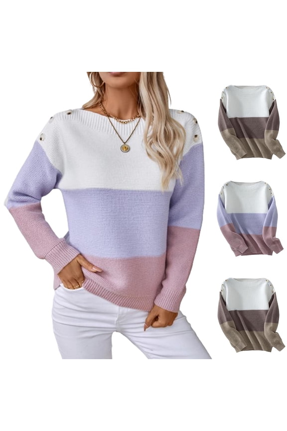 Women's Winter Loose Fit Striped Cardigan Sweater Top Long Sleeve Round Neck Knitted Pullover for Casual Daily Wear Business Office and Travel Fashion Essential Gift for Women