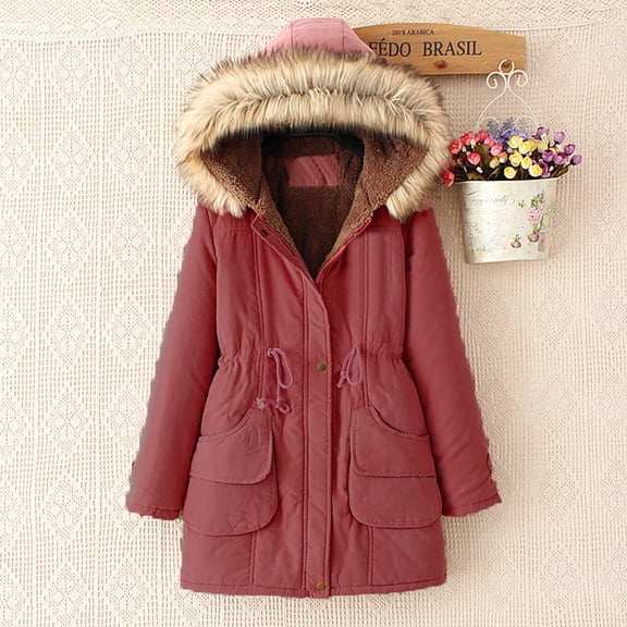 Women's And Winter Medium Long Drawstring Slim Hooded Large Wool Collar Padded Coat Mono Coat All Womens plus Size Women Coats And Jackets Hoods for Jackets Hooded Jacket for Women Leather Sleeve