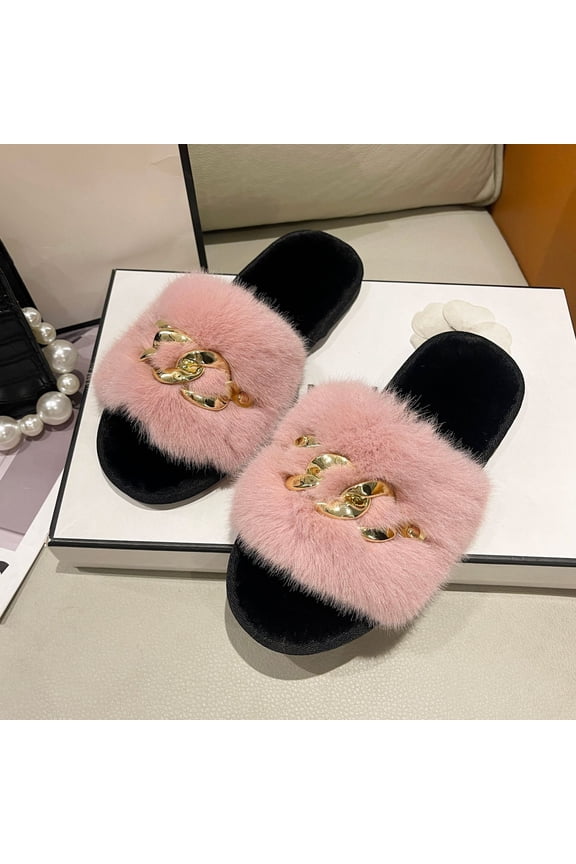 Women's Winter Metal Chain Fluffy Slippers Fashionable Warm Plush Slippers Flat Heel Slip-on Sandals