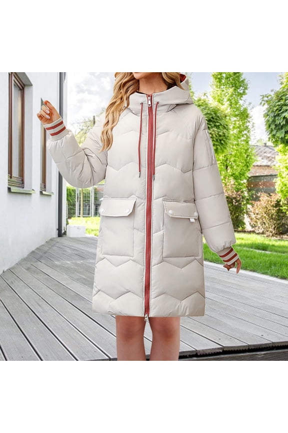 Women's Winter Down Mid Length Coat Loose Thickened Color Matching Jacket Maternity Hoodie Girls Zipper Jackets Flare Coats for Women down Coats Wearing Someone Else's Clothes plus Size Women Fashion