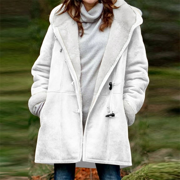 Women's Winter Mid Length Thick Warm Faux Lamb Wool Lined Jacket Coat Women Winter Solid Plus Coat Long Sleeve Horn Buckle Pocket Hiking Jacket Fashion Hooded Winter Thicken Warm Jacket