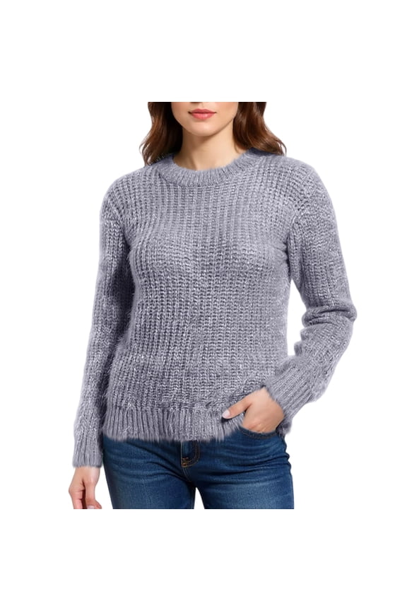 Women's Winter Mohair Candy Color Long Sleeves O-Neck Knit Top Sweater, Soft and Fluffy Mohair Material, Candy Colors for Fun Look, Comfortable Round Neck Design,Gray,S