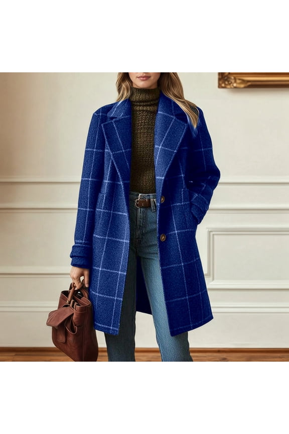 Women's Winter Notched Collar Plaid Wool Blend Trench Coat Plus Size Mid-Length Peacoat Color Blue Size XXXXXL