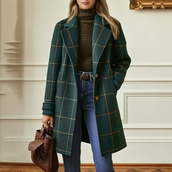 Women's Winter Notched Collar Plaid Wool Blend Trench Coat Plus Size Mid-Length Peacoat Color Dark Green Size S