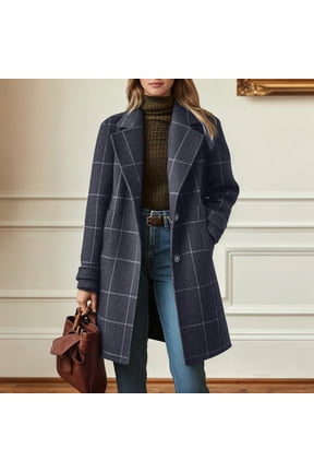 Women's Winter Notched Collar Plaid Wool Blend Trench Coat Plus Size Mid-Length Peacoat Color Grey Size S