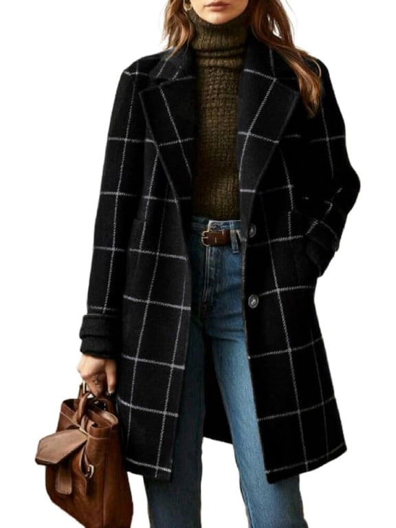 Women's Winter Notched Collar Plaid Wool Trench Coat Button Down Mid Long Overcoat Outerwear, Women's Plaid Wool Blend Trench Coat, Notched Lapel Single-Breasted Mid-Length Overcoat with Pockets