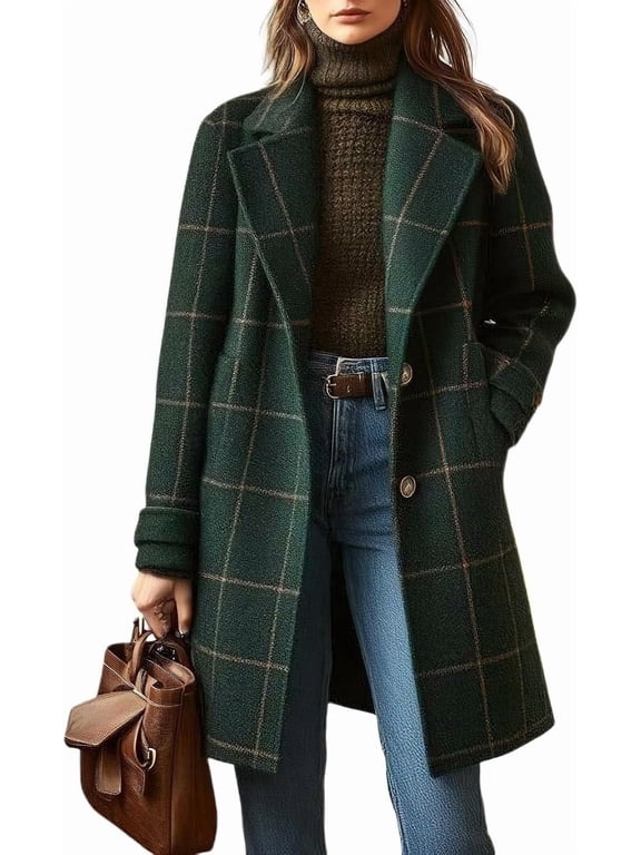 Women's Winter Notched Collar Plaid Wool Trench Coat Button Down Mid Long Overcoat Outerwear, Women's Plaid Wool Blend Trench Coat, Notched Lapel Single-Breasted Mid-Length Overcoat with Pockets
