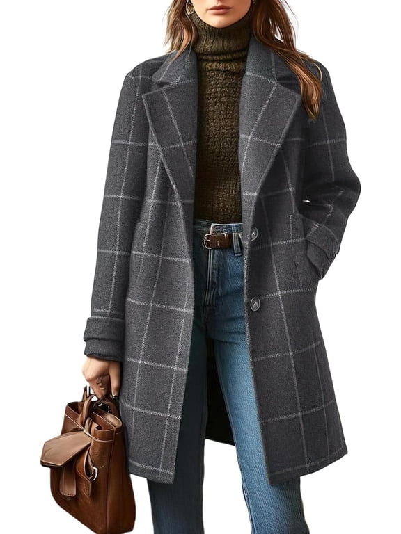 Women's Winter Notched Collar Plaid Wool Trench Coat Button Down Mid Long Overcoat Outerwear, Women's Plaid Wool Blend Trench Coat, Notched Lapel Single-Breasted Mid-Length Overcoat with Pockets