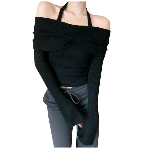 Women's Winter Off Shoulder Knit Sweater Long Sleeve Slim Fit Crop Top Pullover Soft Comfortable Casual Warm Fashion