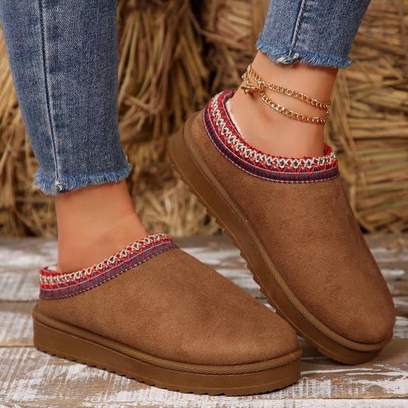 Women's Winter Outdoor Slippers, Platform Snow Boots, Thickened Flat Boots, Warm Non-Slip Shoes