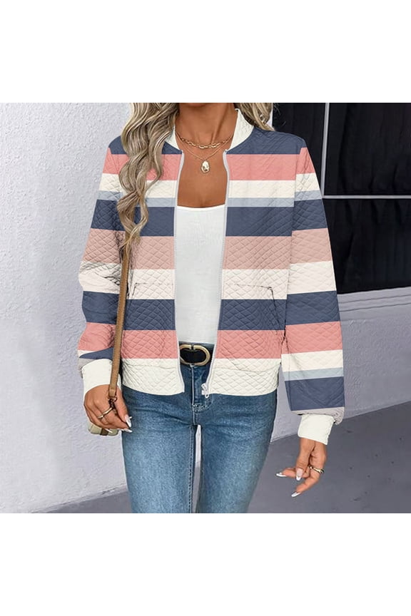 Women's No Hood Winter Jacket with Zipper and Pockets Long Sleeve Casual Gradient
