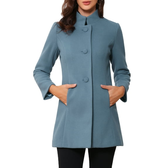 INSPIRE CHIC Women's Coat Mid Length Stand Collar Single Breasted Winter Outerwear Overcoat S Grey Blue