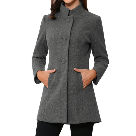 INSPIRE CHIC Women's Coat Mid Length Stand Collar Single Breasted Winter Outerwear Overcoat S Light Grey
