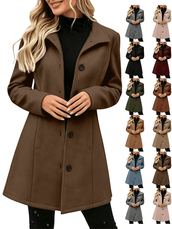 Women's Winter Overcoat Mid Long Stand Collar Single Breasted Coat Solid Color Loose relaxed fit Versatile office daily outerwear