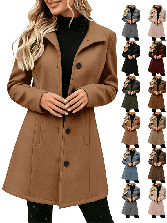 Women's Winter Overcoat Mid Long Stand Collar Single Breasted Coat Solid Color Loose relaxed fit Versatile office daily outerwear