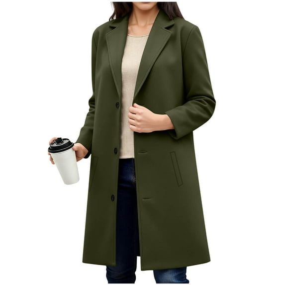 Women's Winter Overcoat, Notched Lapel Button Mid-Length Long Trench Coat Peacoat Blazer Jackets Casual Packable Winter Coat Green S