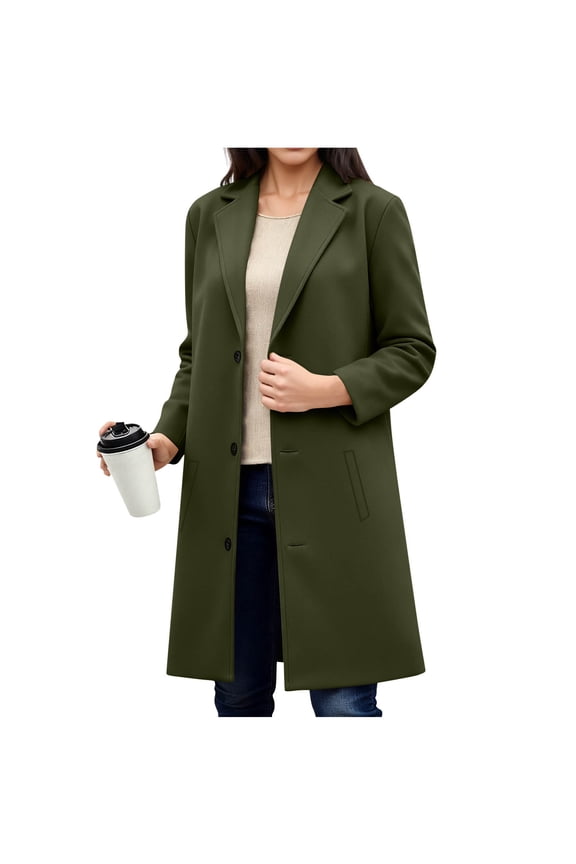 Women's Winter Overcoat, Notched Lapel Button Mid-Length Long Trench Coat Peacoat Blazer Jackets Ladies Jackets and Coats Green XXL