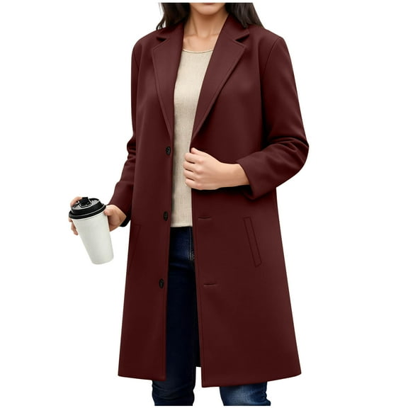 Women's Winter Overcoat, Notched Lapel Button Mid-Length Long Trench Coat Peacoat Blazer Jackets Soft Zip up Hoodies for Lady Wine XXL