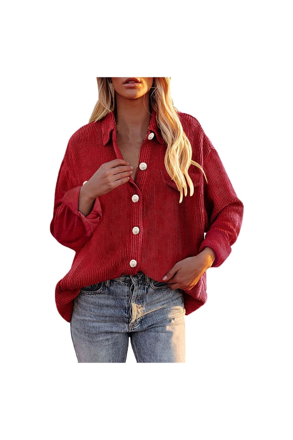 Women's Winter Overcoat Thickened Batwing Long Sleeve Lapel Ribbed Shirts Solid Color Outwear with Pocket