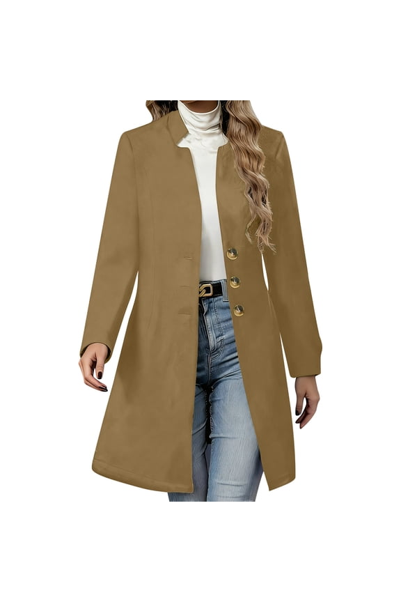 Husipze Women's Winter Overcoats Fashion Casual Warm Stand Collar Daily Coats Solid Color Loose Long Sleeved Trench Coat Kh M