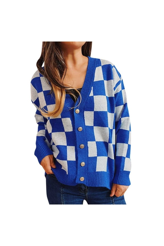 Women's Winter Oversize Plaid Blue Knitted Sweater Loose Contrasting Casual Checkered Plaid Winter Coats XL