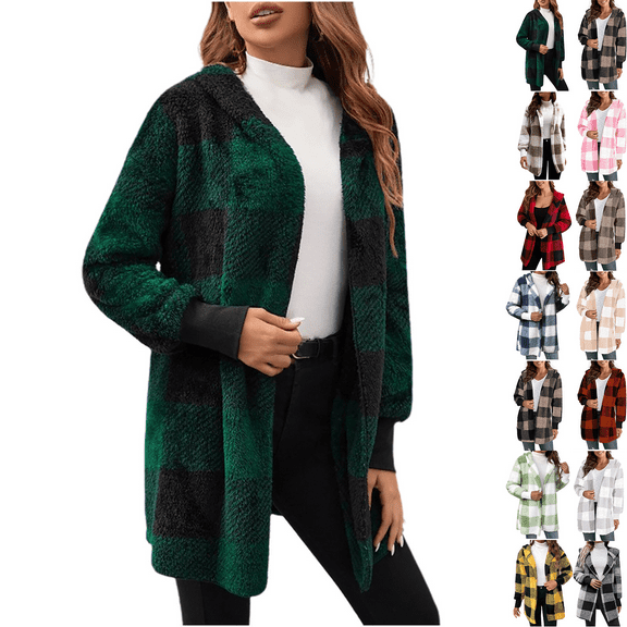 Women's Winter Oversize Plaid Green Winter Long Sleeve Faux Shearling Oversized Jacket XL