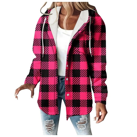 Women's Winter Oversize Plaid Hot Pink Printe Long Sleeved Hooded Casual XL
