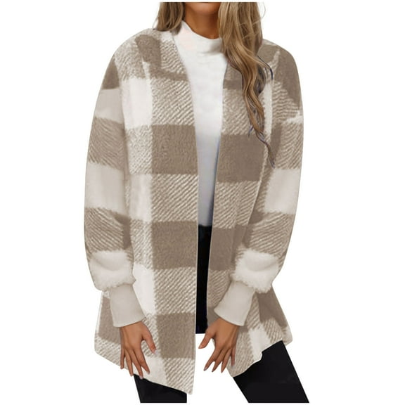 Women's Winter Oversize Plaid Khaki Winter Double-sided Fleece Long Sleeved Long Cardigan Over Top 2XL