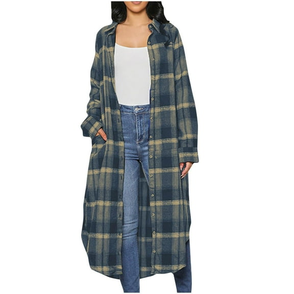 Women's Winter Oversize Plaid Light Blue Long Casual Loose Checkered Button Pocket Long Sleeved Long Sleeved Hooded Casual Jacket M