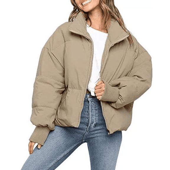 Women’s Winter Oversized Cropped Puffer Coton Jacket Coat Casual Quilted Baggy Long Sleeve Zip Down Jackets Outerwear