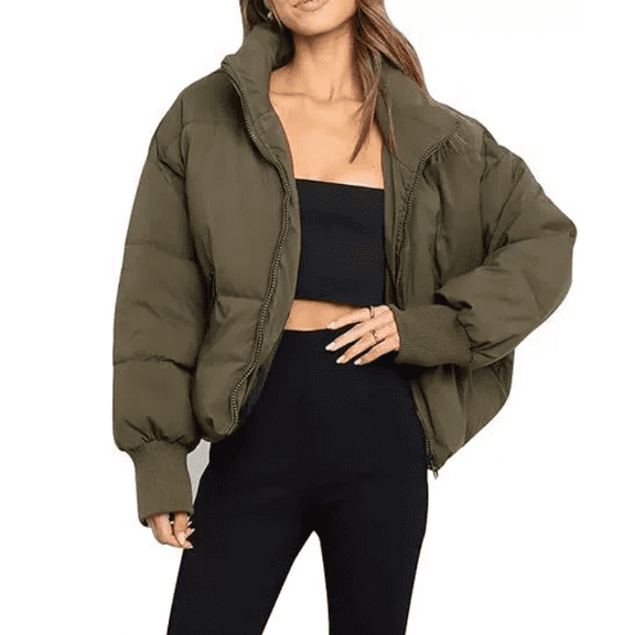Women’s Winter Oversized Cropped Puffer Coton Jacket Coat Casual Quilted Baggy Long Sleeve Zip Down Jackets Outerwear