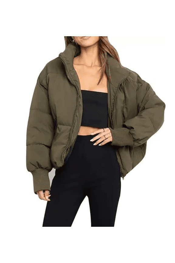 Women’s Winter Oversized Cropped Puffer Coton Jacket Coat Casual Quilted Baggy Long Sleeve Zip Down Jackets Outerwear