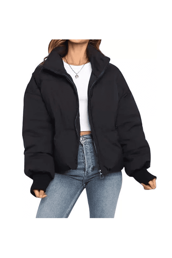 Women’s Winter Oversized Cropped Puffer Coton Jacket Coat Casual Quilted Baggy Long Sleeve Zip Down Jackets Outerwear