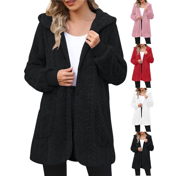 Women's Winter Oversized Fleece Jackets Hooded Long-sleeved Solid Color Mid-length Casual Warm Coat