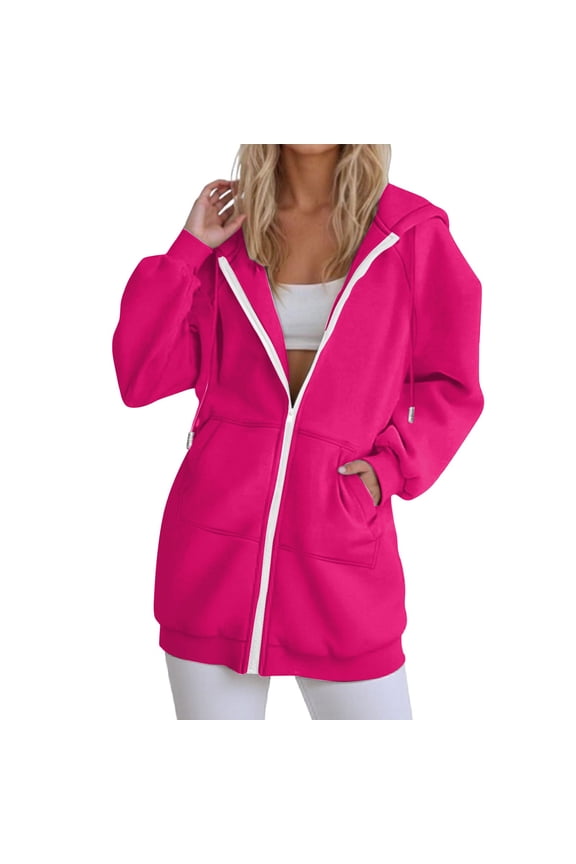 Women's Winter Oversized Hooded Outerwear, Zipper Hoodie Hooded Longline Fall Winter Cardigan Sweat Jackets for Women Fleece Swing Cardigan with Hood Hooded Zip-Up Outerwear, Hot Pink S