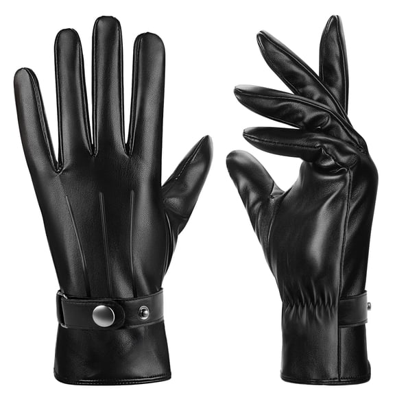 Women's Winter PU Leather Gloves with Touchscreen, Wool Lining, Cross-Over Wrist, Wind-Resistant Cold Weather Driving Gloves for Phone, Commuting & Outdoor Use, Black - XL