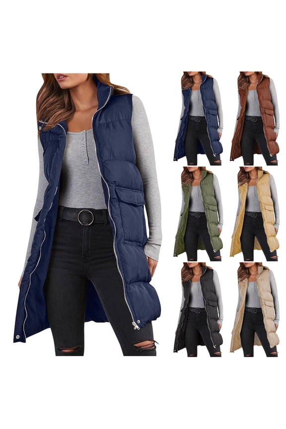 Women's Winter Padded Longline Sleeveless Vest Coat Jacket Parka, Solid Color Warm Quilted Puffer Gilet, Mid-Length Casual Daily Wear Travel Cold Weather Fashion Essential Gift for Women